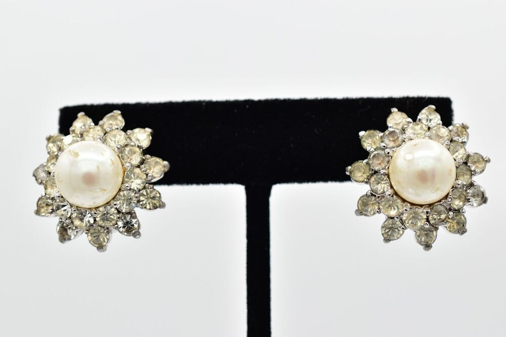 Judith Leiber Vintage Clip On Earrings Crystal Pearl Heavy Round Signed BinBF